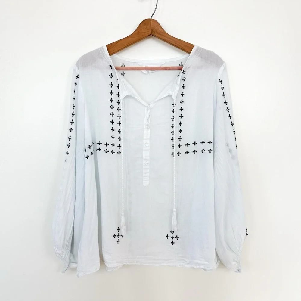 Emerson Fry India Collection Embroidered Cotton Tie Front Peasant Blouse small - Picture 1 of 7